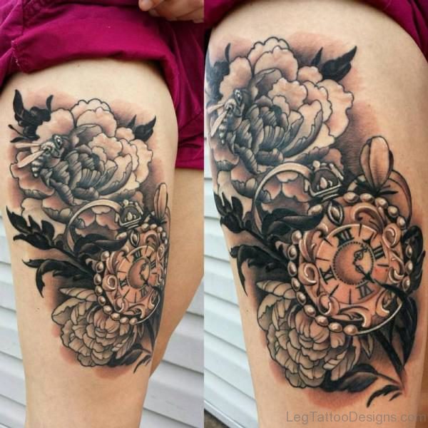 Stylish Clock Thigh Tattoo