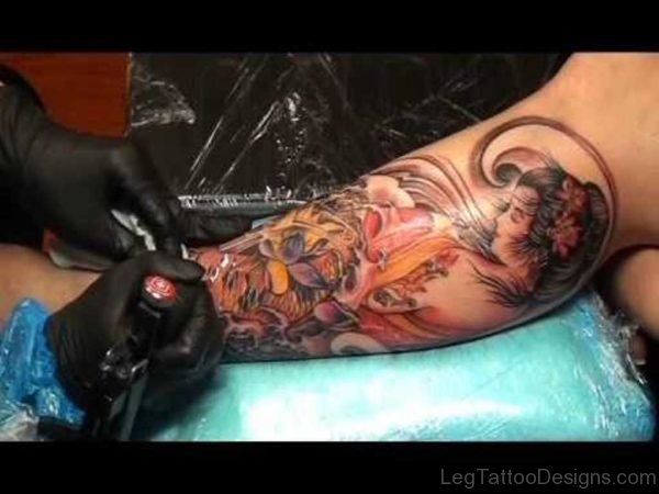 Stylish Geisha Tattoo On LEg