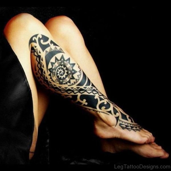 Stylish Maori Tribal Leg Tattoo