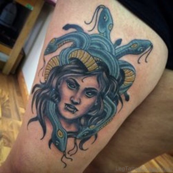 Stylish Medusa Tattoo On Thigh Image