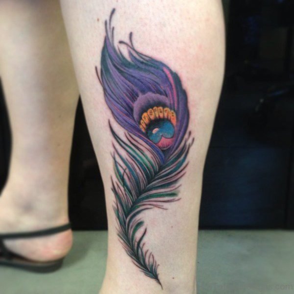 Stylish Peacock Design Tattoo On Leg