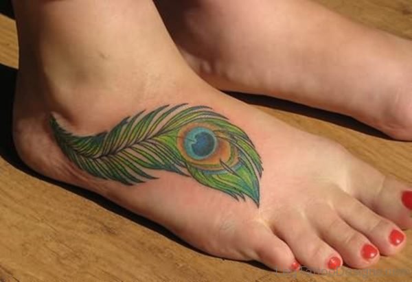 Stylish Peacock Feather Tattoo On Foot