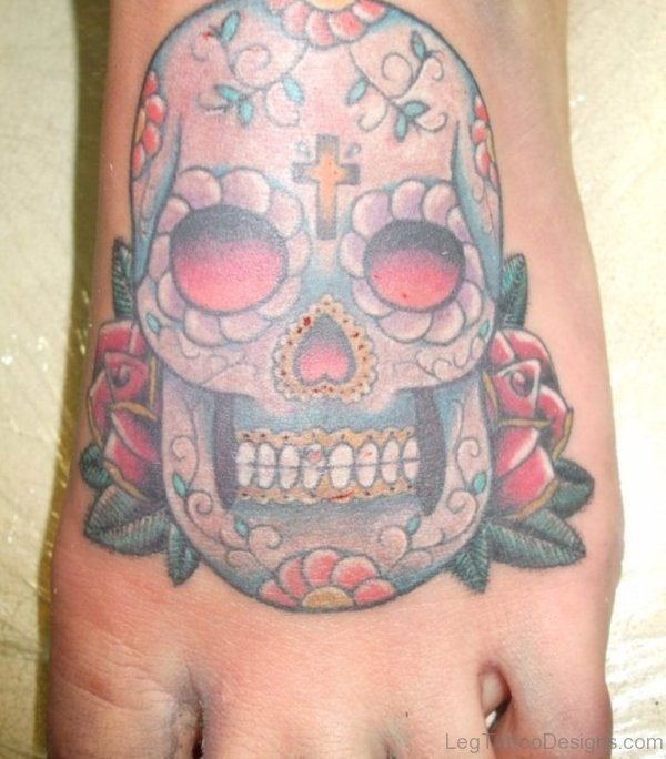 Sugar Skull Red Eyes Tattoo On Foot