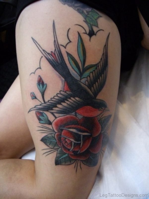 Swallow And Rose Tattoo On Thigh