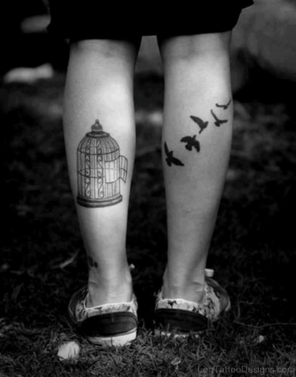 Sweet Black Bird Tattoo On Leg