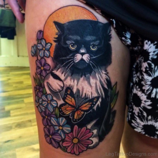 Sweet Black Cat Tattoo on Thigh