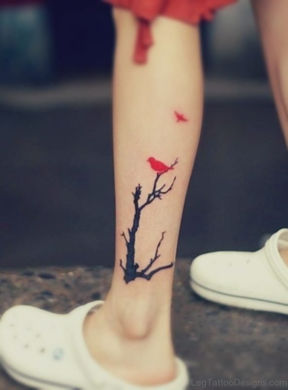 Sweet Red Bird Sitting On Branch Tattoo