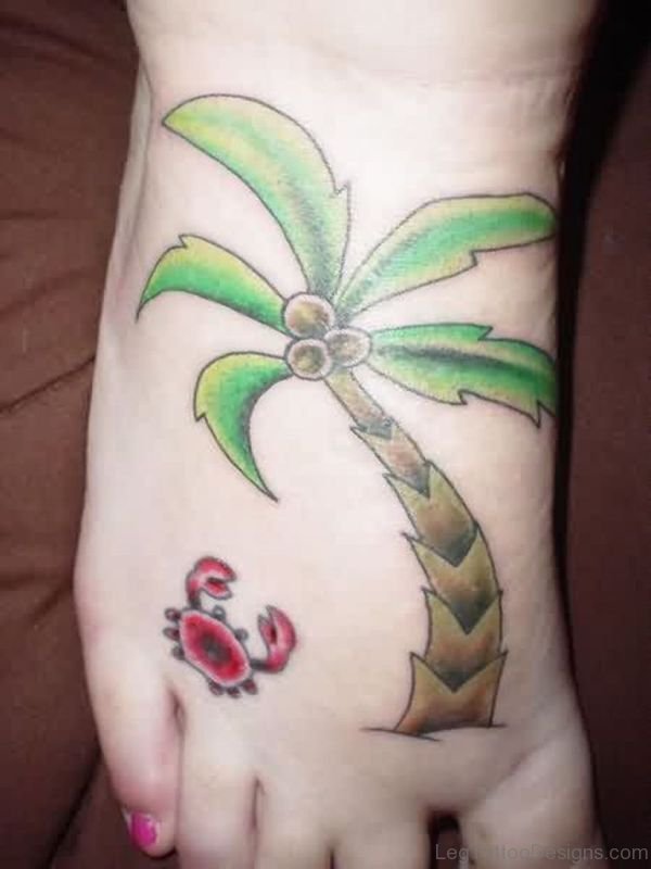Tiny Crab And Tree Tattoo On Foot