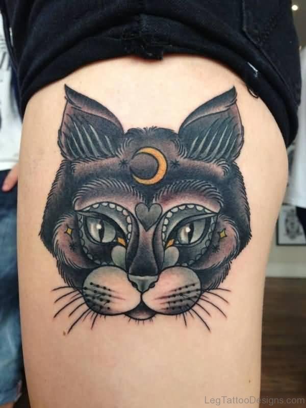 Traditional Cat Tattoo on Thigh