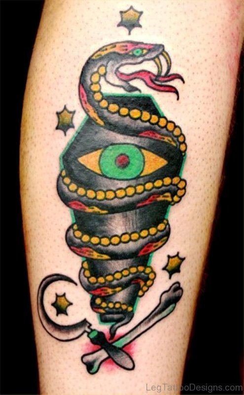 Traditional Snake With Coffin Tattoo On Leg