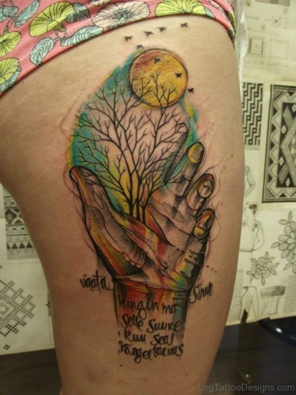 Tree and Hand Tattoo on Thigh