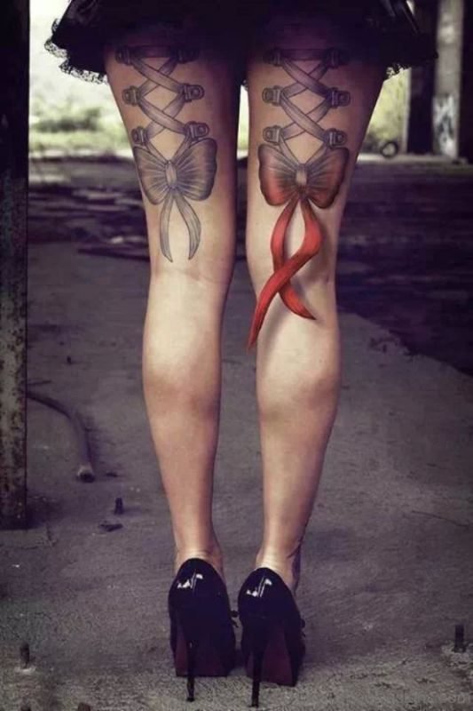 Trendy Bow Tattoo On Thigh
