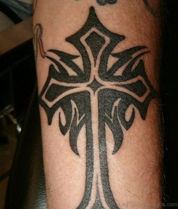 Tribal Cross Tattoo On Leg