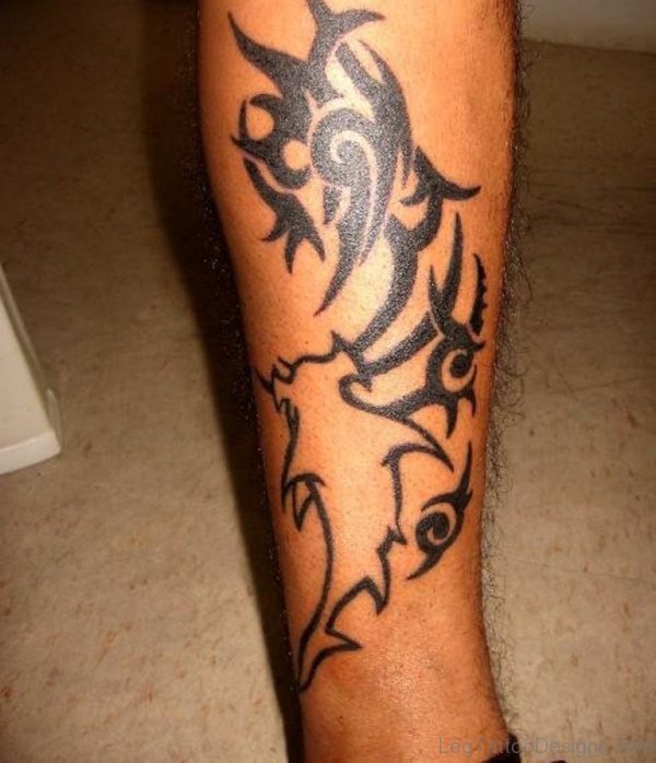 Tribal Hammerhead Shark Tattoo On Leg