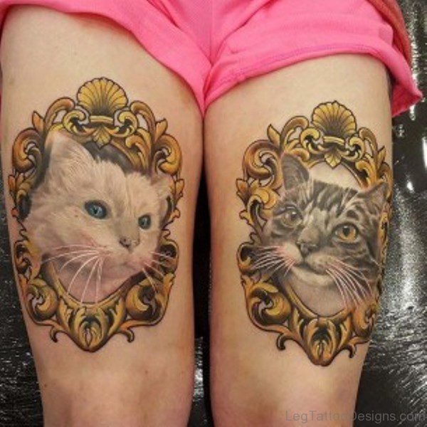 Two Cats Tattoo On Thigh