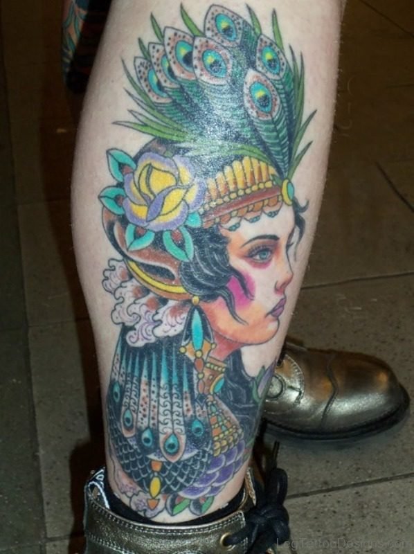 Unique Peacock Feather Tattoo On Leg