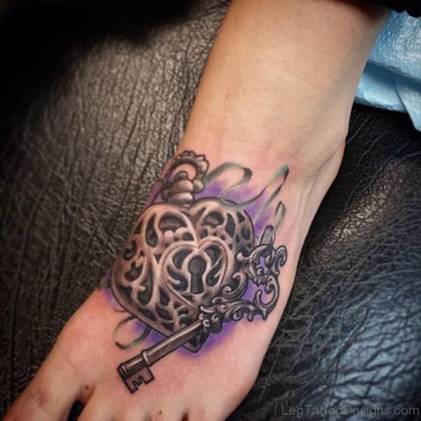 Vintage Lock and Key Foot Tattoo