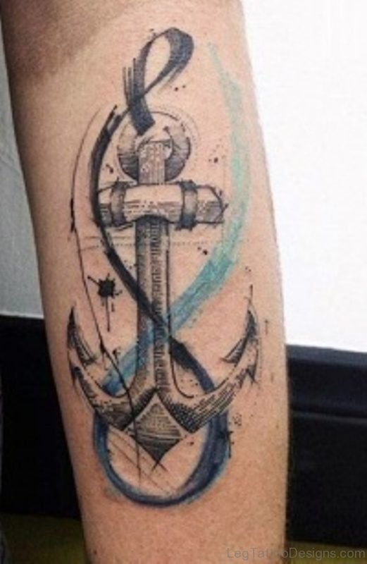 Watercolor Anchor Leg Tattoo