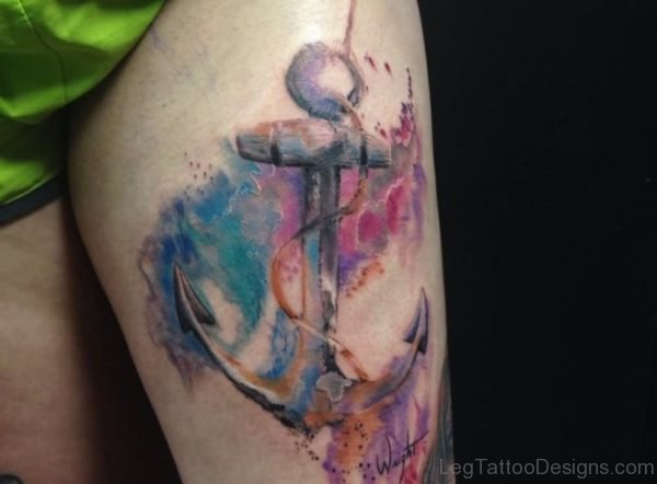 Watercolor Anchor Tattoo On Thigh