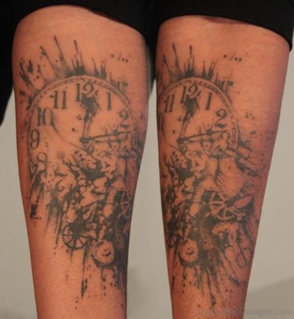 Watercolor Clock Tattoo On Thigh