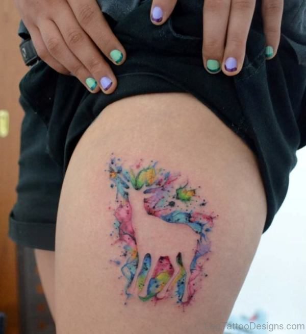 Watercolor Deer Tattoo On Thigh