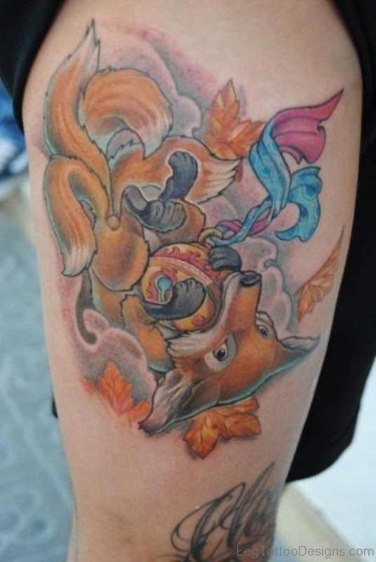 Watercolor Fox Tattoo On Thigh