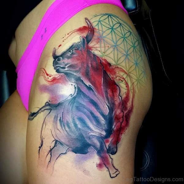 Watercolor Taurus Tattoo On Thigh