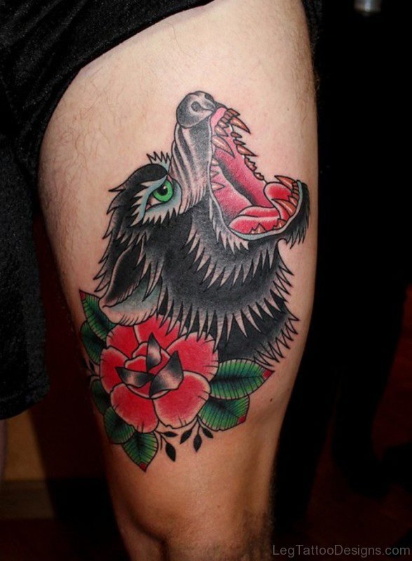 Wolf Tattoo On Thigh