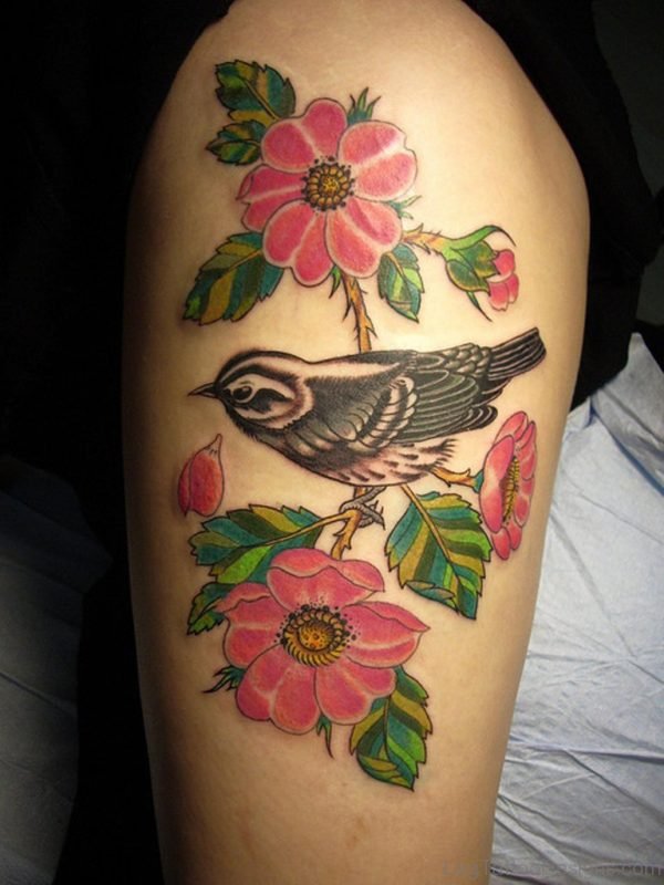 Wonderful Bird And Flower Tattoo