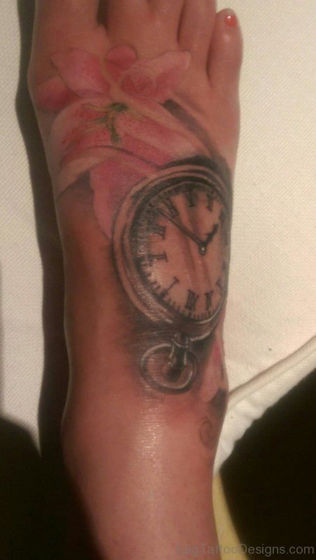 Wonderful Clock Tattoo On Foot