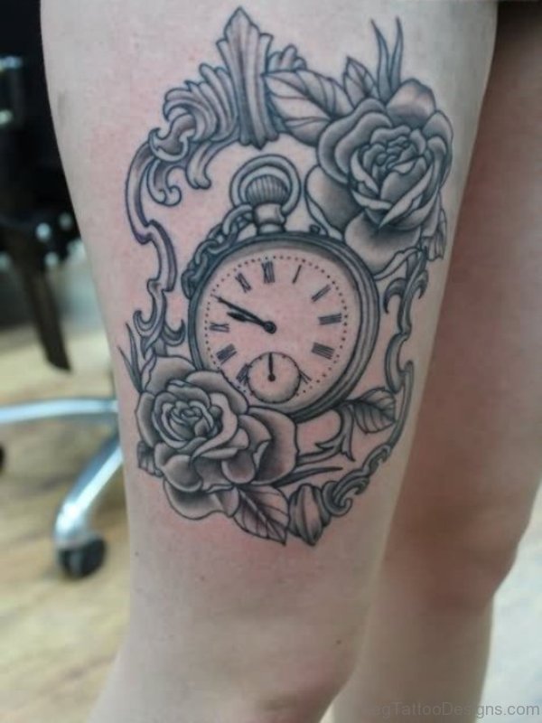 Wonderful Clock Tattoo On Thigh