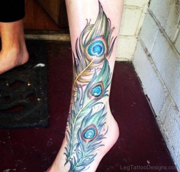 Wonderful Peacock Feather Tattoo On Leg