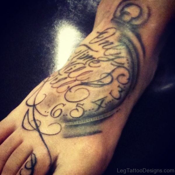 Wording Clock Tattoo On Foot