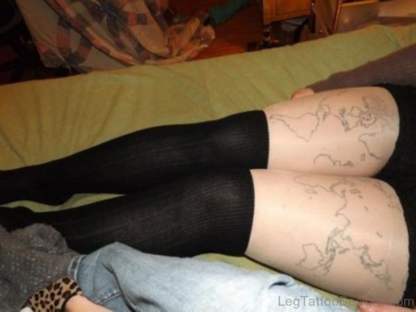 World Map Tattoo on Thigh
