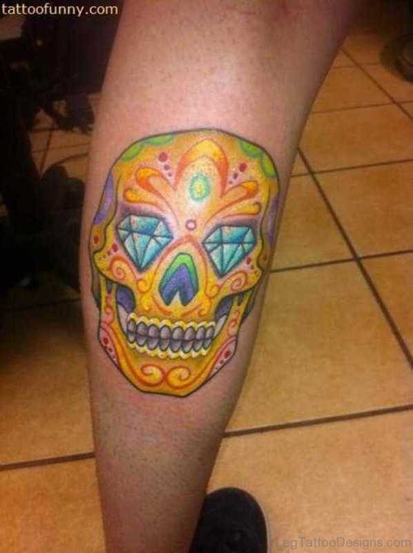 Yellow kull Tattoo On Leg