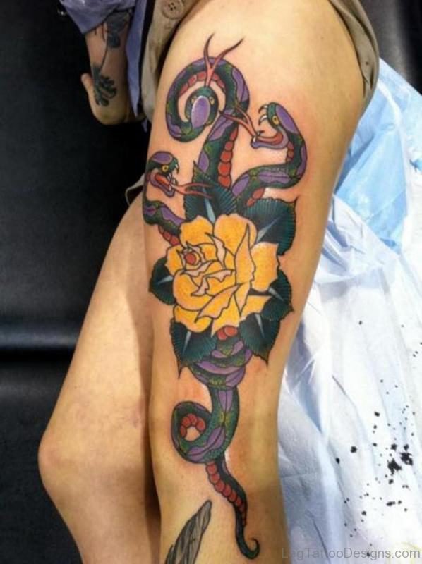 Yellow Rose And Snake Tattoo