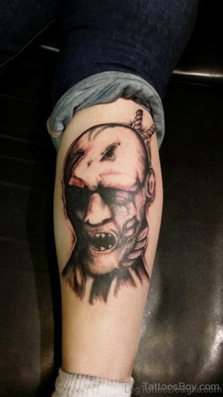 Zombie Face Tattoo On Leg